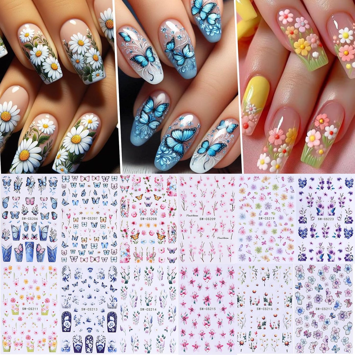 Flower Stickers for Nail Art Decals - 12 Sheets Spring Butterfly Nail Stickers with Tweezers 3D Floral Leaves Plant Nail Art Designs DIY Self Adhesive Daisy Blossom Nail Supplies Decorations-Velvo Beauty