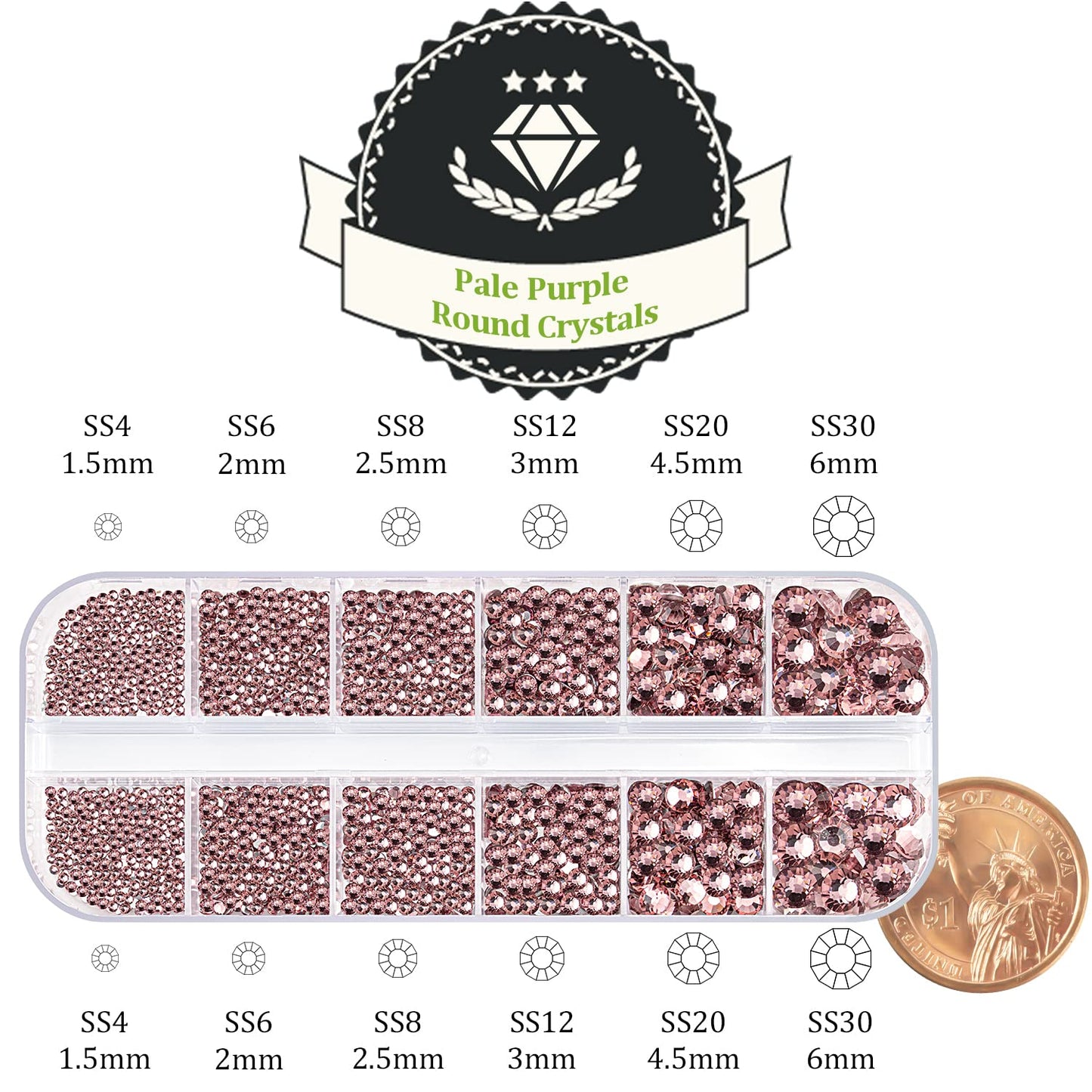 One Pack 2000 Pcs of Flatback Round Pale Purple Rhinestones 6 Sizes (1.5-6 mm) with Nail Art Rhinestone Picker Pencil and Tweezer for DIY and Salon Use-Velvo Beauty