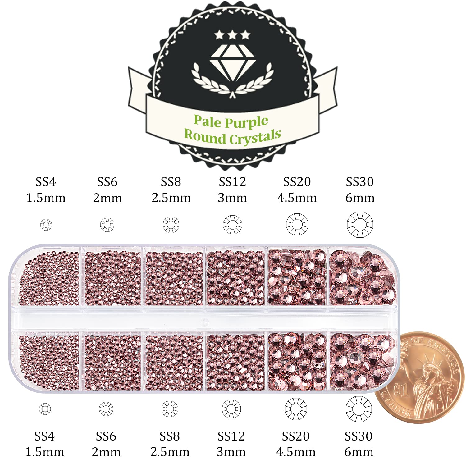 One Pack 2000 Pcs of Flatback Round Pale Purple Rhinestones 6 Sizes (1.5-6 mm) with Nail Art Rhinestone Picker Pencil and Tweezer for DIY and Salon Use-Velvo Beauty