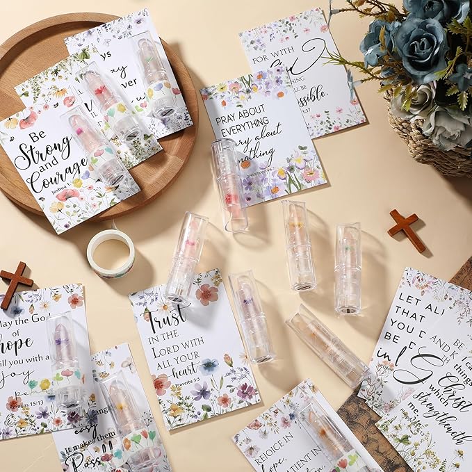 12 Sets Christian Lip Balms with Inspirational Bible Verse Card Bulk Gifts for Women Flower Sign Taste Lip Balm with Tag for Employee Coworker Teacher Family Church Wedding Favor-Velvo Beauty