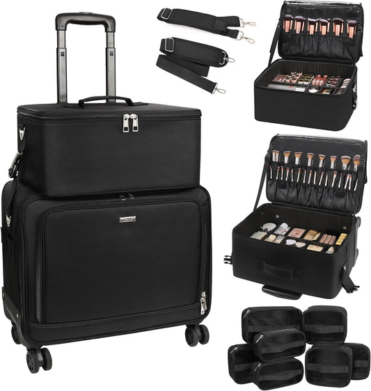 Rolling Makeup Bag Professional Makeup Artist Bags 2 in 1 Cosmetics Case Extra Large Trolley Travel Case with 360° Swivel Wheels and Adjustable Dividers-Velvo Beauty