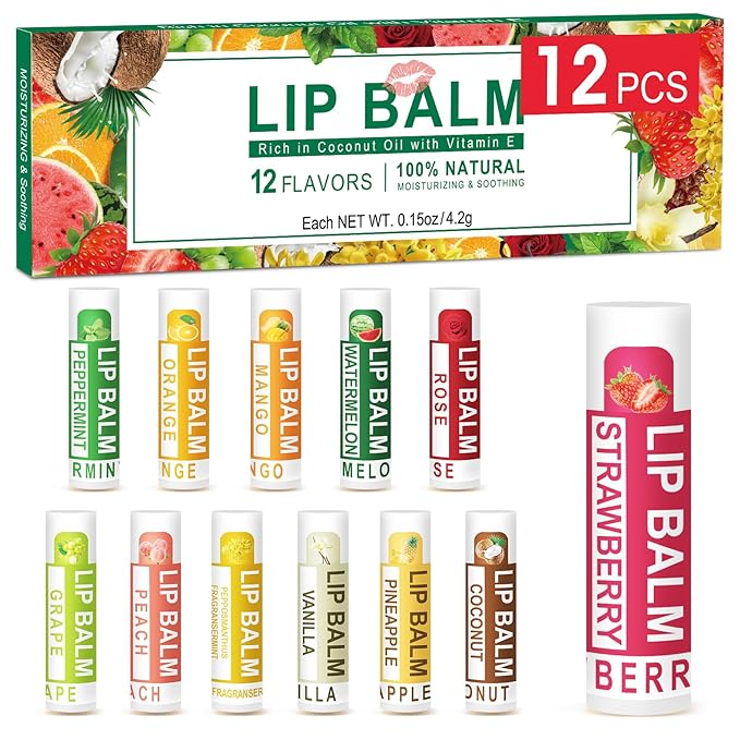 DMSKY 12 Pack Lip Balm, Natural Lip Balm Bulk with Vitamin E and Coconut Oil, Moisturizing Lip Balm for Dry Cracked Lips, Lip Balm for Stocking Stuffers - 12 Flavors-Velvo Beauty