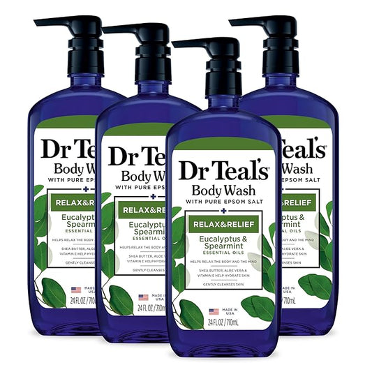 Dr Teal's Body Wash with Pure Epsom Salt, Relax & Relief with Eucalyptus & Spearmint, 24 fl oz (Pack of 4) (Packaging May Vary)-Velvo Beauty