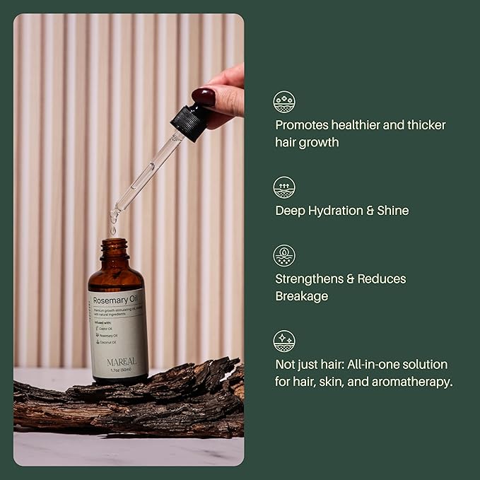 Pure Rosemary Oil for Hair Growth & Scalp Health | Infused with Castor & Coconut Oil | Hair Thickening & Regrowth Treatment for Women & Men | 100% Natural | Up to 2-Month Supply | 1.7 fl oz | MAREAL-Velvo Beauty