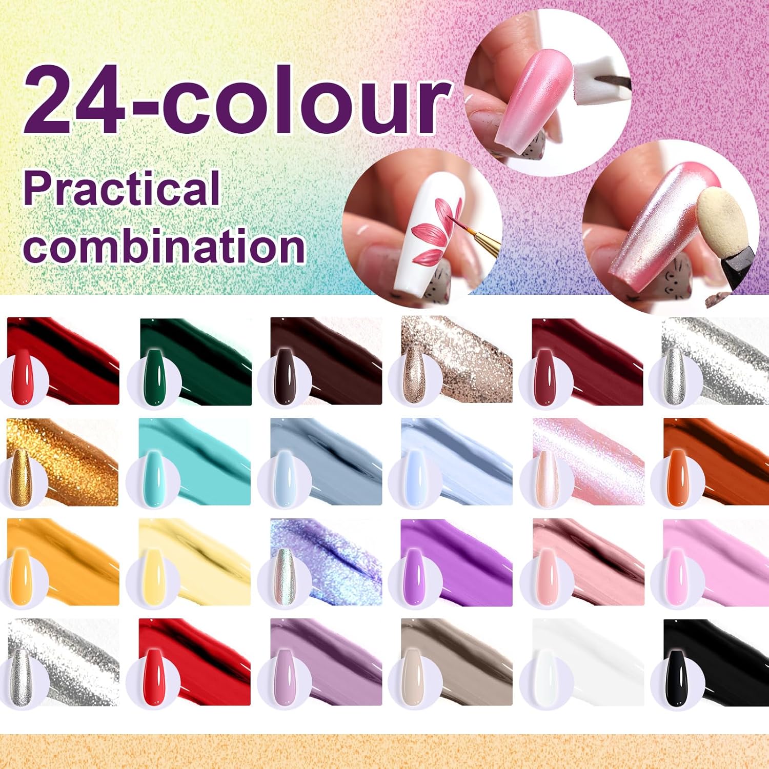 Gradient Painting Gel, 24 Gliter Colors Ombre Gel Nail Polish for Pigment Pat Silver&Gold Aura Nails, French Manicure DIY Nail Art Long-lasting No-wipe Palette C-Velvo Beauty