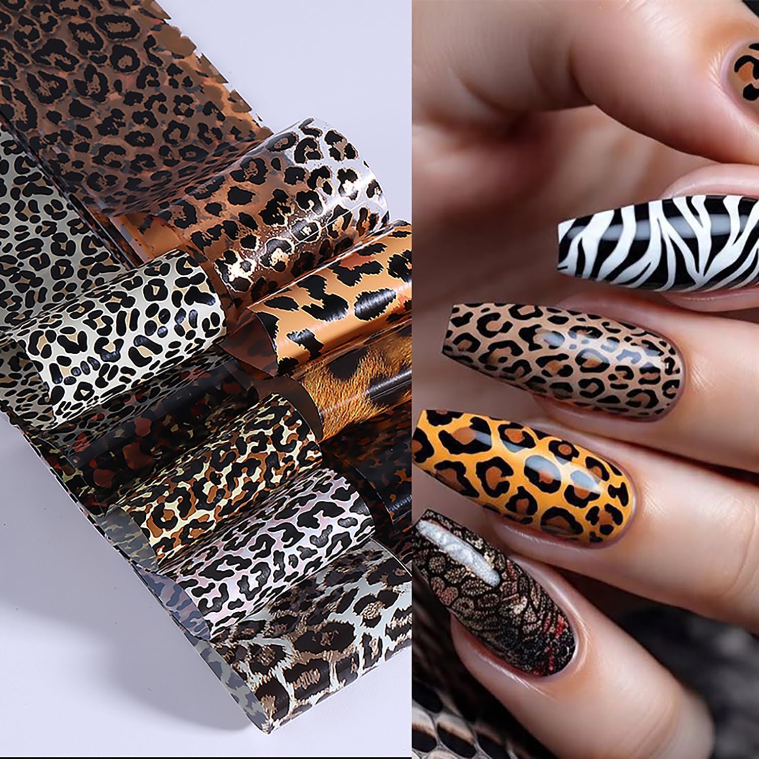 10 Rolls Leopard Print Nail Foil Transfer Stickers Autumn Winter Nails Decoration Self Adhesive Leopard Nail Foils Transfer Nail Art Animal Print Nails Supplies for Women DIY Manicure Accessories-Velvo Beauty
