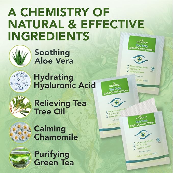 NOVEHA 60PCs Tea Tree Oil Eyelid & Lash Wipes | With Hyaluronic Acid, Green Tea & Chamomile For Blepharitis, Itchy & Stye Eyes, Individually Wrapped, Natural Eyelash Makeup Remover & Daily Cleanser-Velvo Beauty
