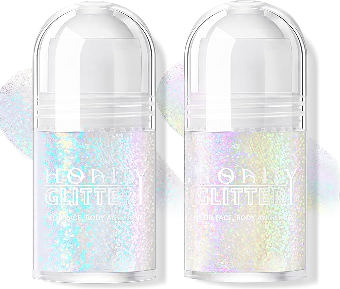 2 Colors Roll-on Body Glitter Gel, Holographic Glitter Gel Under Light for Face Hair, Body Shimmer for Rave Accessories Christmas New Year Halloween Makeup (9+10)-Velvo Beauty