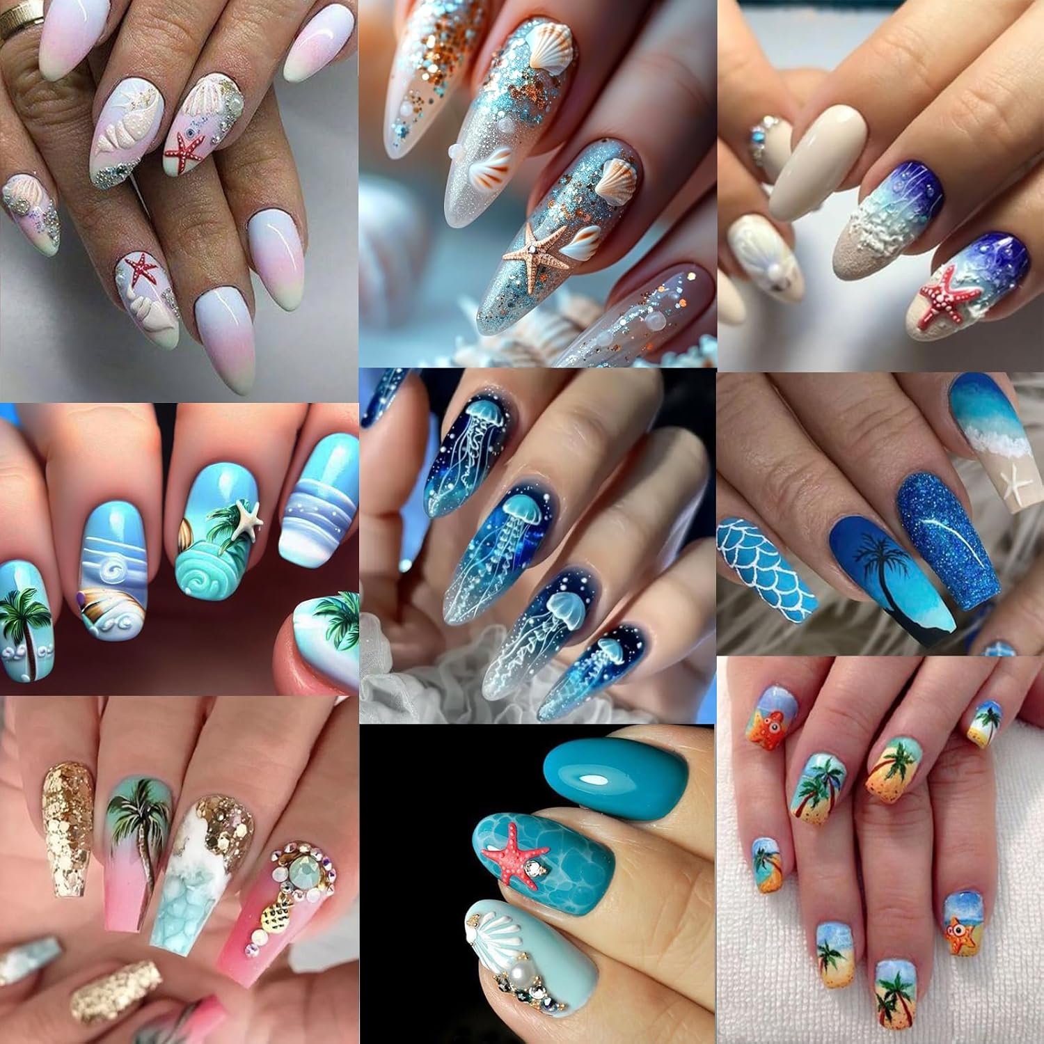 4 Sheets Summer Nail Stickers for Nail Art 5D Summer Nails Decals 3D Self-Adhesive Nails Supplies Accessories Shell Jellyfish Starfish Stickers for Women Nails Decoration-Velvo Beauty