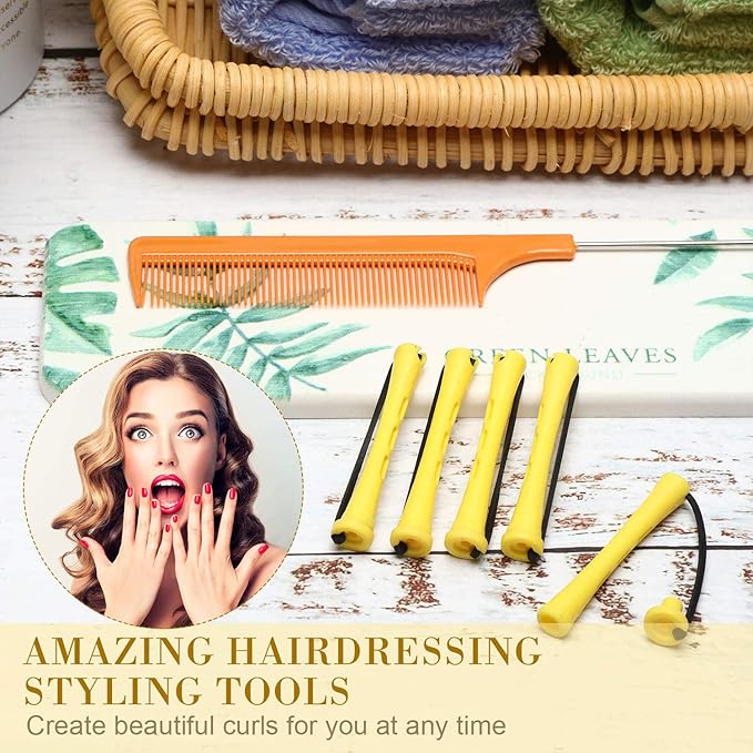 48 Pieces Hair Perm Rods Short Cold Wave Rods Plastic Perming Irons Hair Curling Rollers Curlers with Steel Pintail Comb Rat Tail Comb for Hairdressing Styling Supplies(0.28 Inch,Yellow and Orange)-Velvo Beauty