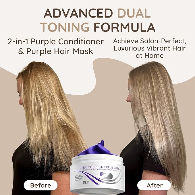 VITAMINS hair cosmetics Keratin Purple Hair Mask - Violet Blue Protein Deep Conditioner Treatment - Toner for Blonde Platinum Silver Gray Ash or Brown Colored Dry and Damaged Brassy Hair-Velvo Beauty
