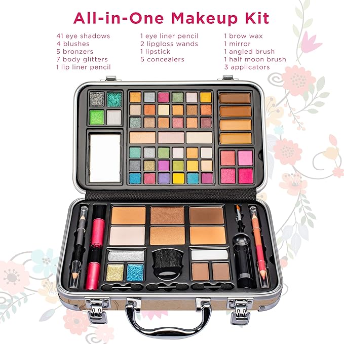 Makeup Kit Gift Set - 41 Eye Shadows, 7 Body Glitters, 1 Lip Liner Pencil, 1 Lipsticks, 4 Blushs, Eye liner pencil, 5 Concealers, 2 Lip Gloss, 5 Bronzers, Mirror-Velvo Beauty