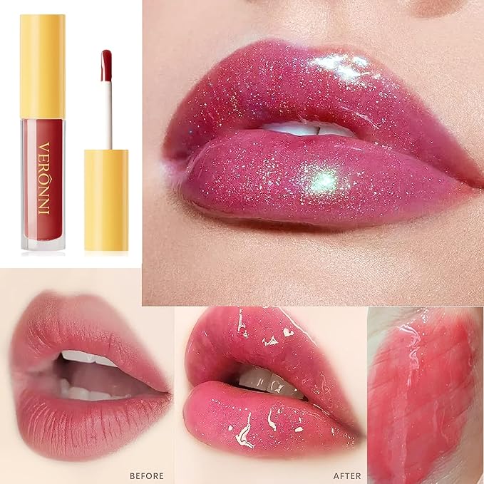 VERONNI 6 Colors Lip Tinted Stain Gloss Set,Hydrating Plumping Liquid Lipstick Set,Moisturizing Clear Lip Oil For Dry Lips,Nourishing Water Glossy Glass Lip Oil Gloss Lip Tint (6 Colors)-Velvo Beauty