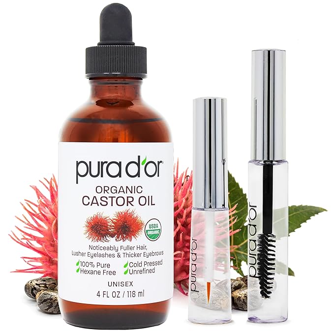 PURA D'OR 4 Oz ORGANIC Castor Oil - w/ 2 BONUS Empty Brushes - 100% Pure USDA Certified Cold Pressed, Hexane Free Eyelash & Eyebrow Serum - For Fuller, Thicker Lashes & Brows - Skin & Hair-Velvo Beauty