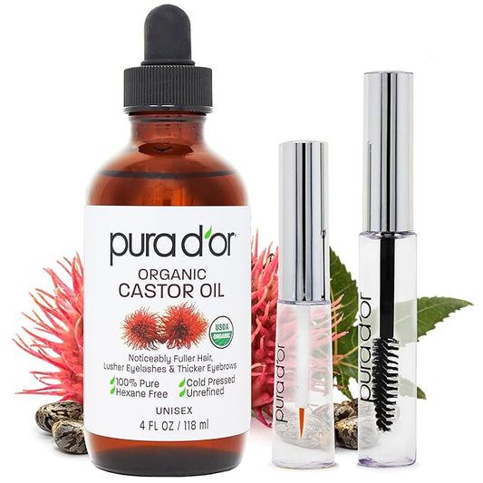 PURA D'OR 4 Oz ORGANIC Castor Oil - w/ 2 BONUS Empty Brushes - 100% Pure USDA Certified Cold Pressed, Hexane Free Eyelash & Eyebrow Serum - For Fuller, Thicker Lashes & Brows - Skin & Hair-Velvo Beauty