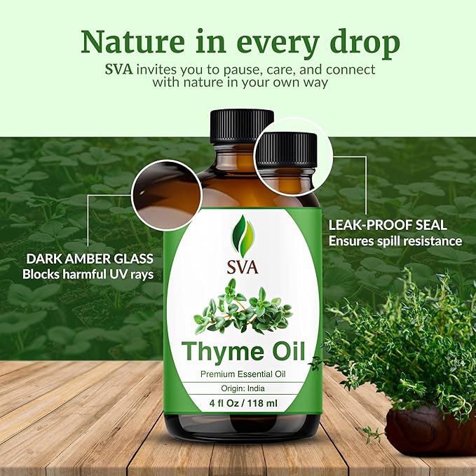SVA Thyme Essential Oil – 4 Fl Oz – 100% Natural Thyme Oil - for Diffuser, Hair Care, Face, Skin Care, Aromatherapy, Scalp and Body Massage, Soap and Candle Making – with Dropper-Velvo Beauty