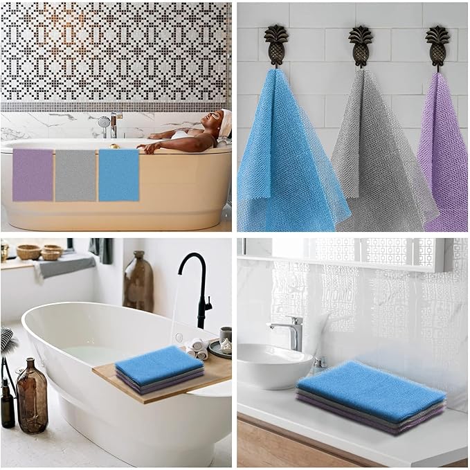 UJFQBH 3 Pieces African exfoliating net African Net Long Net Bath Sponge Exfoliating Shower Body Scrubber Back Scrubber Skin Smoother,Great for Daily Use (Purple Gray Blue)-Velvo Beauty