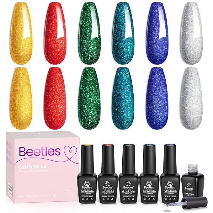 Beetles Glitter Gel Nail Polish, 6 Colors Red Green Gel Nail Polish Set Soak Off Uv LED Nail Lamp Reflective Glitter Nail Art DIY Home Nails Manicure Gifts for Women Her Girls-Velvo Beauty