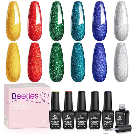 Beetles Glitter Gel Nail Polish, 6 Colors Red Green Gel Nail Polish Set Soak Off Uv LED Nail Lamp Reflective Glitter Nail Art DIY Home Nails Manicure Gifts for Women Her Girls-Velvo Beauty
