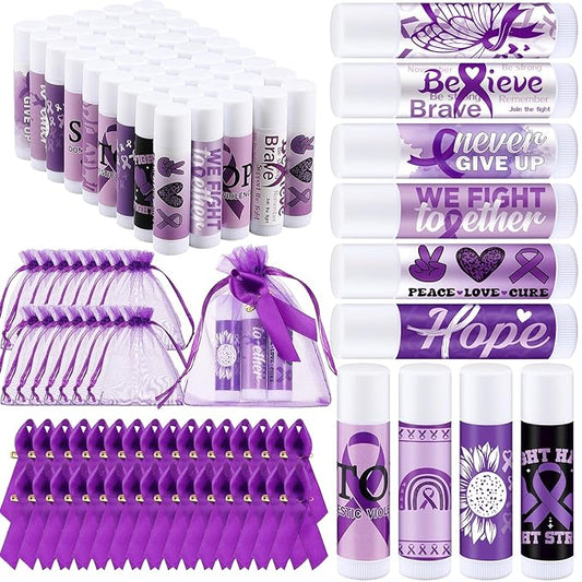 50 Set Overdose Awareness Lip Balms Gifts with 50 Organza Bags 50 Purple Awareness Ribbon Pins Raise Awareness for Domestic Violence Pancreatic Cancer Lupus Alzheimer's Awareness-Velvo Beauty