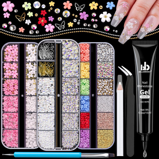 3D Flower Nail Charms and Gems, Cute Colorful Floral Charm Manicure Kit with Nail Rhinestone Glue Gel (UV Curing), Butterfly Caviar Beads Half Round Pearl & Flatback AB + Clear Crystal-Velvo Beauty