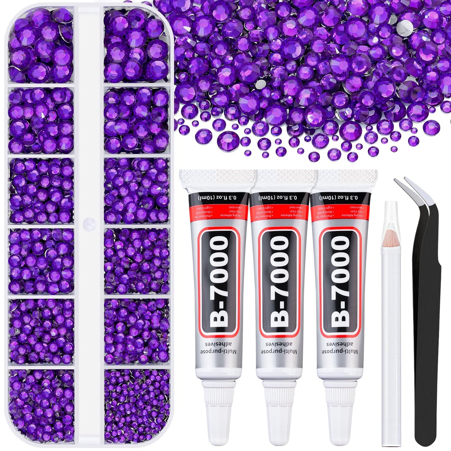 6000Pcs Resin Rhinestones for Bedazzling with 3Pcs B7000 Jewelry Glue, 1 Box Dark Purple Flatback Rhinestones for Crafting Crafts DIY, Crystals Gems for Clothing Shoes Tumblers Nail Art Makeup-Velvo Beauty