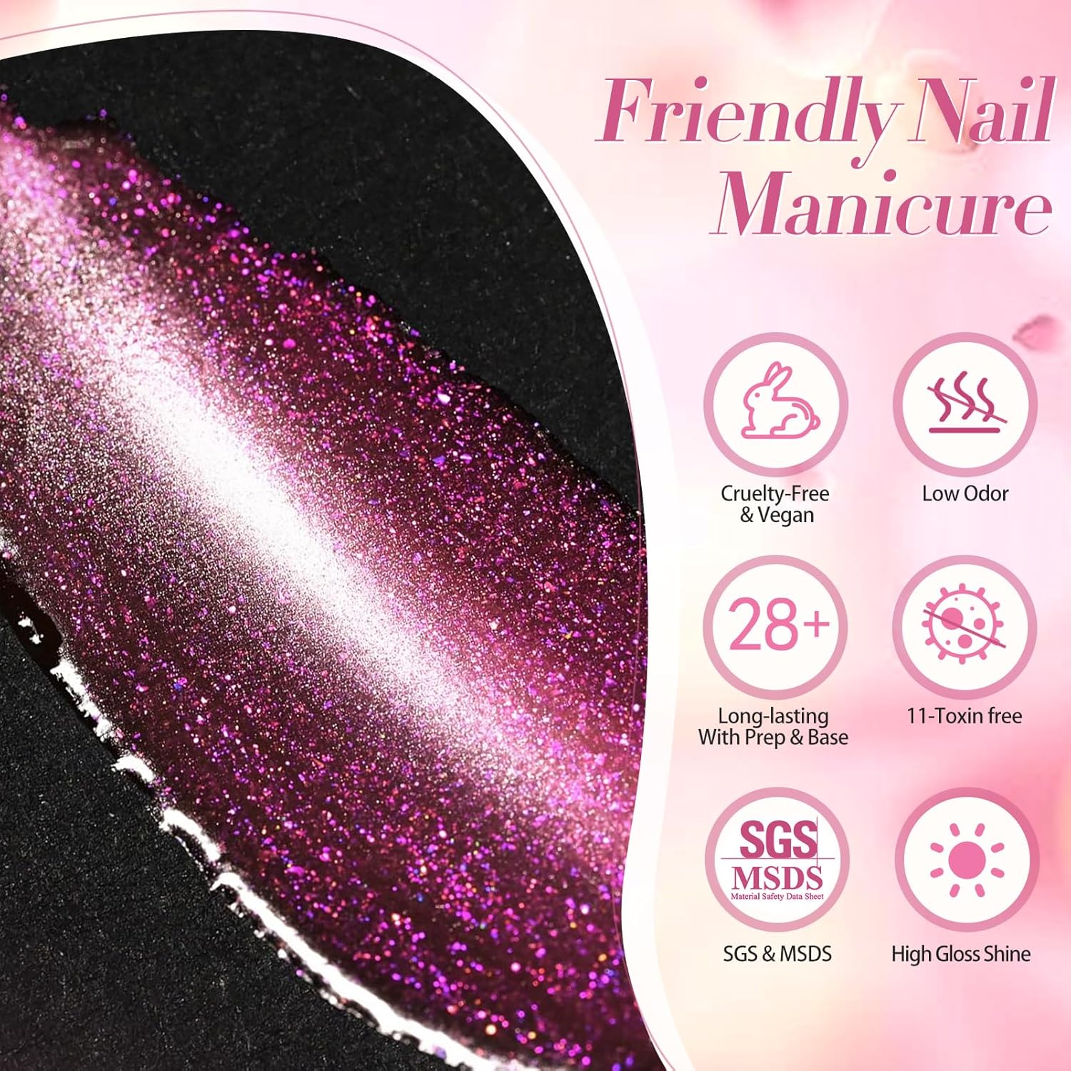 BORN PRETTY Cat Magnetic Eye Gel Nail Polish, Pink Glitter Cat Magnetic Gel Nail Polish, Midnight Rose Magnetic Nail Polish for Nail Art Manicure Salon DIY at Home 15ML-Velvo Beauty