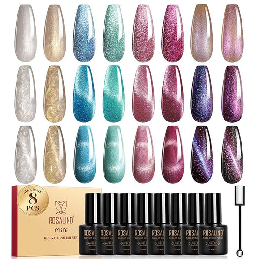ROSALIND Cateye Gel Polish, 8 Colors Holographic Magnetic Cat Eye Gel Nail Polish Set with Magnet, Red Blue Purple Black Gel Polish Galaxy Collection Nail Art Gift DIY at Home-Velvo Beauty