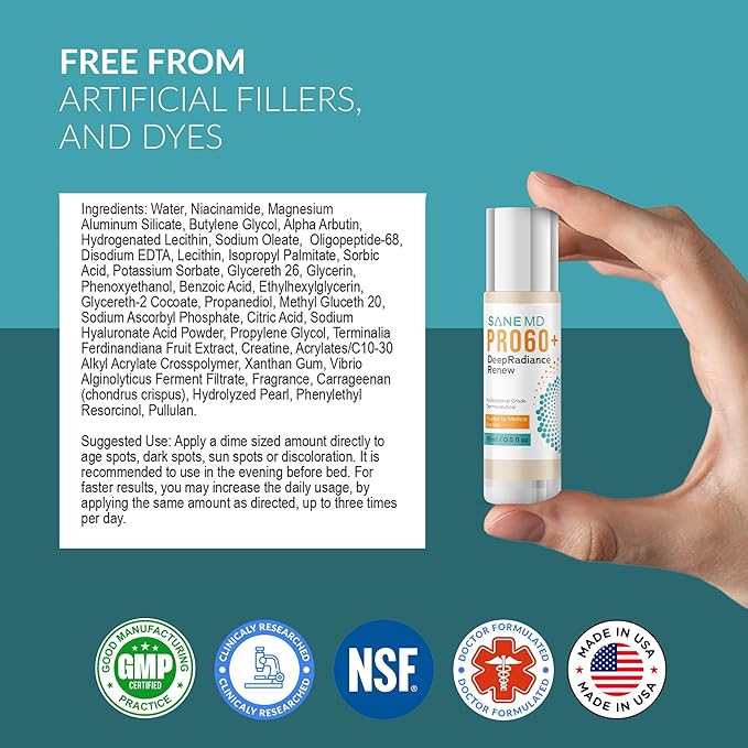 SANE MD PRO60+ DeepRadiance Renew™ Dark Spot Corrector for Face - Even Skin Tone, Radiance and Hydration - Skincare for Adults 60+, 15ml (1 bottle)-Velvo Beauty