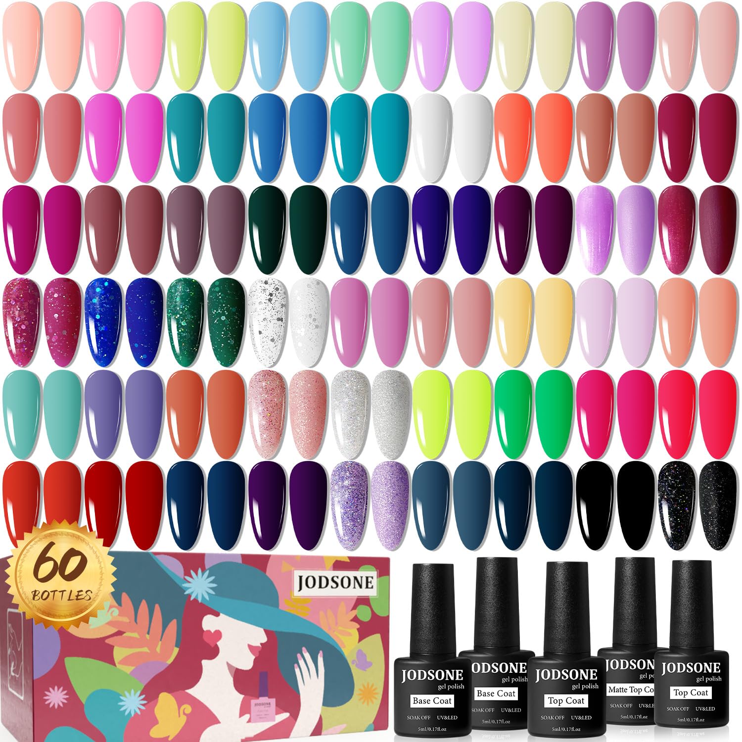 JODSONE 60 PCS Gel Nail Polish Starter Kit 55 Color Combination of Light and Dark Colors Emerald Green Klein Blue Soak off No Wipe Base Coat Matte and Glossy Top Coat Nail Gel Kit-Velvo Beauty