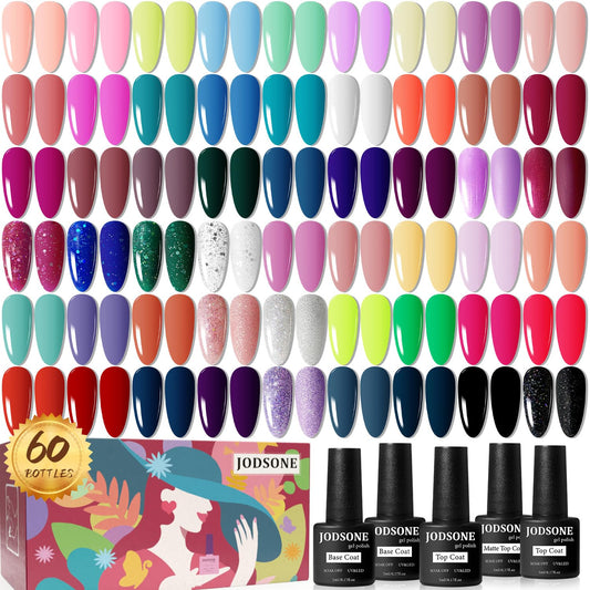 JODSONE 60 PCS Gel Nail Polish Starter Kit 55 Color Combination of Light and Dark Colors Emerald Green Klein Blue Soak off No Wipe Base Coat Matte and Glossy Top Coat Nail Gel Kit-Velvo Beauty