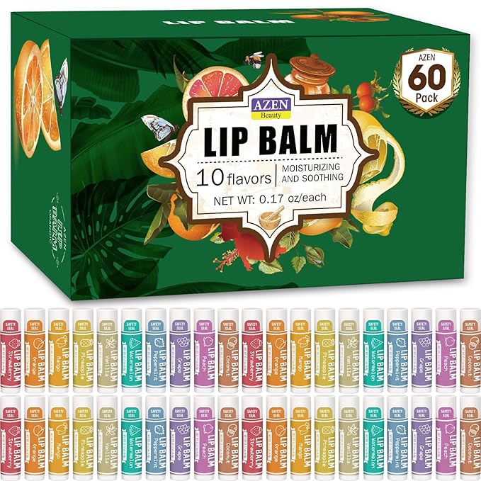 AZEN 60 Pack Lip Balm, Natural Lip Balm Bulk, Lip Care Product, Moisturizing Lip Balm for dry cracked lips - 10 Flavors-Velvo Beauty
