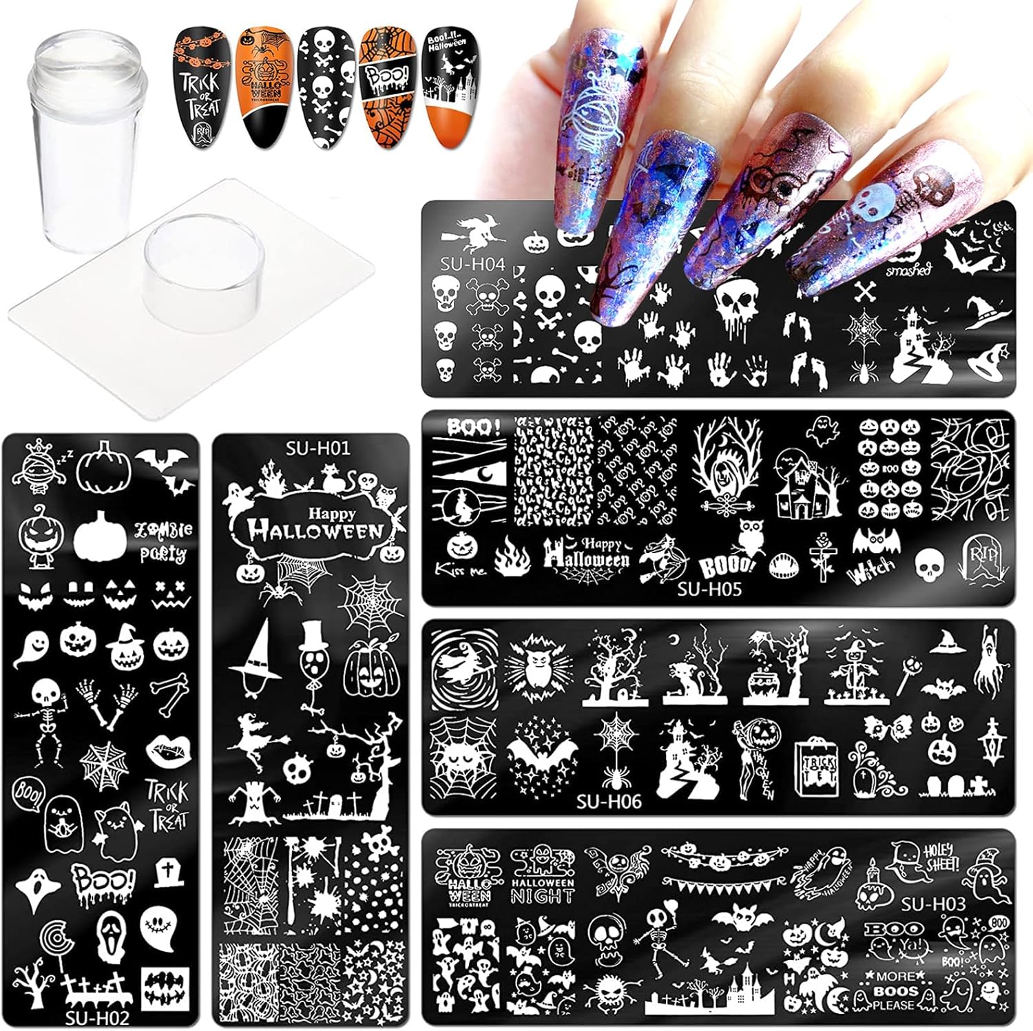 Halloween Nail Stamper Kit 6 Pcs Nail Plates +1 Nail Stamper + 1 Nail Scraper Horror Skull Spider Ghost Bat Nail Art Design Template Nail Stencils Plates Nail Supplies Tools Nail 8pcs Set-Velvo Beauty