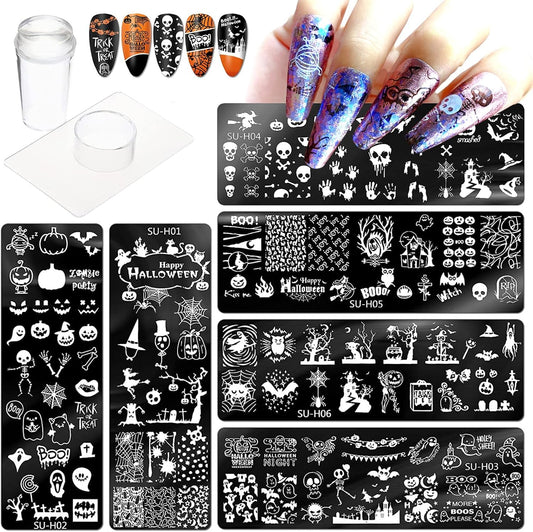 Halloween Nail Stamper Kit 6 Pcs Nail Plates +1 Nail Stamper + 1 Nail Scraper Horror Skull Spider Ghost Bat Nail Art Design Template Nail Stencils Plates Nail Supplies Tools Nail 8pcs Set-Velvo Beauty