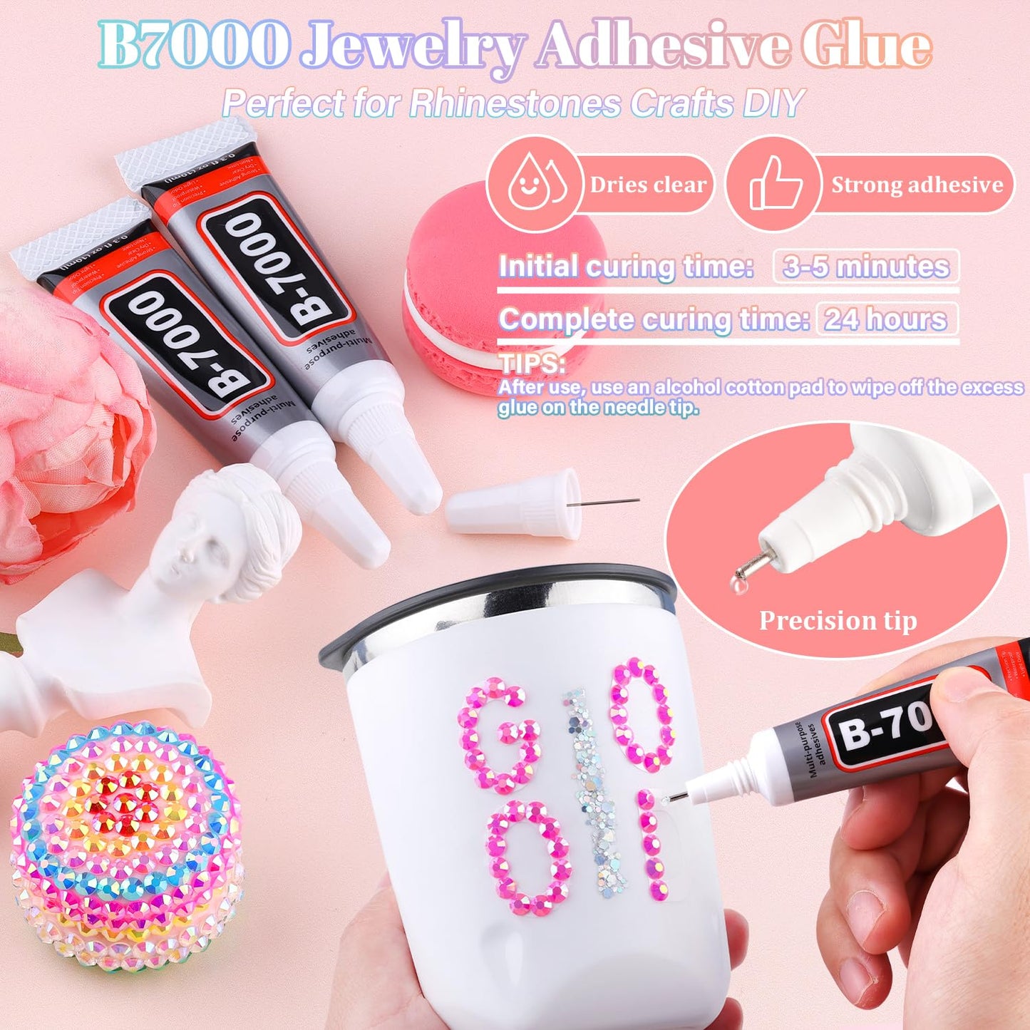 25000Pcs Resin Rhinestones with B7000 Jewelry Glue for Crafting, Hot Pink AB 2-6mm Non Hotfix Flatback Gems, Bedazzling Crystal for DIY Crafts Clothing Tumblers Mugs Shoes Fabric Decor Nail Art-Velvo Beauty