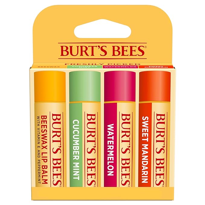 Burt's Bees Lip Balm - Original Beeswax, Cucumber Mint, Watermelon & Sweet Mandarin, With Responsibly Sourced Beeswax, Tint-Free, Natural Origin Treatment, 4 Tubes, 0.15 oz.-Velvo Beauty