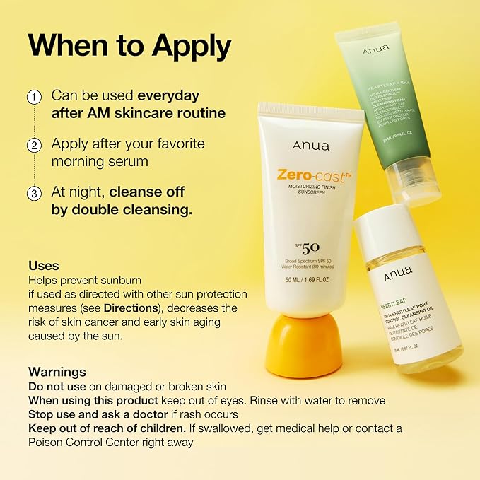 Anua Zero-Cast Moisturizing Finish Sunscreen,SPF 50, Glow Natural Sunscreen,No White cast, Hyaluronic Acid, Niacinamide sun block for face,Oil-Free, Oxybenzone free, Travel Essential (50ml/1.69fl.oz)-Velvo Beauty