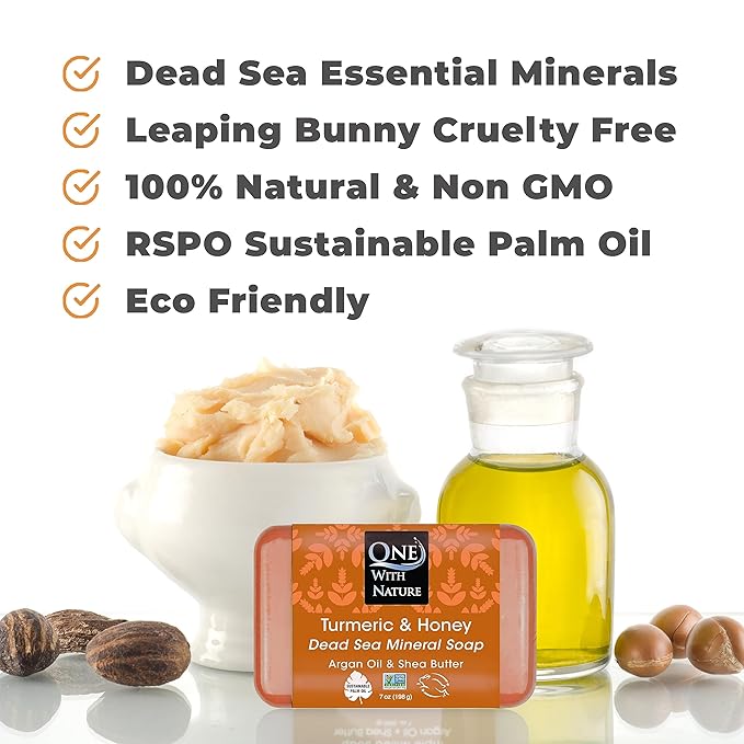 One With Nature Dead Sea Salt Turmeric Soap 7oz 3-Pack – Purifying and Exfoliating Soap Bar with Dead Sea Minerals and Honey for Face & Body, for Men & Women-Velvo Beauty