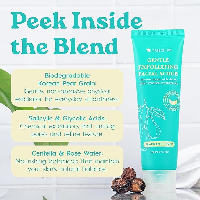 Tree To Tub Exfoliating Face Wash - Gentle Facial Exfoliator & Face Scrub w/Salicylic Acid for Glowing Skin - Non-Irritating Exfoliant to Remove Buildup & Refine Texture - For All Skin Types-Velvo Beauty