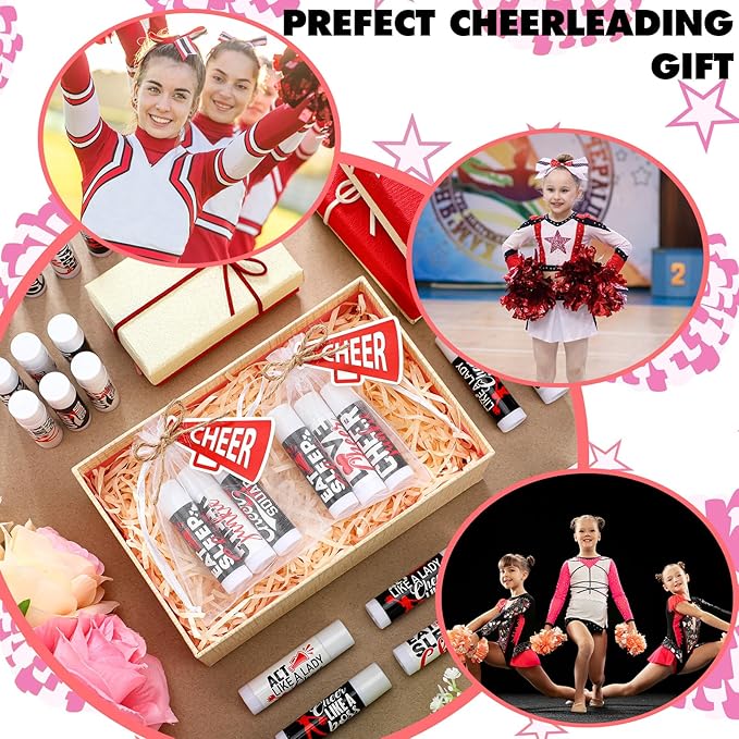 50 Sets Cheer Gifts Bulk 50 Cheer Lip Balm Bulk Moisturizing with 50 Organza Drawstring Gift Bags 50 Tags Cheerleader Gifts Cheer Gifts Bulk for Team (Red)-Velvo Beauty