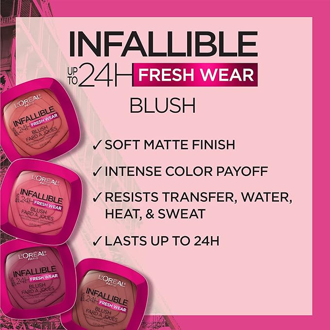 L'Oreal Paris Infallible Up to 24H Fresh Wear Soft Matte Blush, Blendable, Long-Lasting and Waterproof Cheek Make Up, Daring Rosewood 20, 0.31 Oz-Velvo Beauty