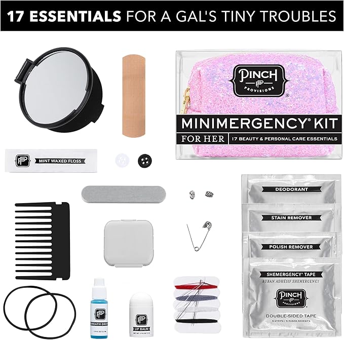 Pinch Provisions Orchid Glitter Minimergency Kit, includes 17 Travel-Sized Cosmetic Essentials, Convenient for Purses, Emergency Beauty Accessories, Gifts for Holiday’s & Birthday’s-Velvo Beauty