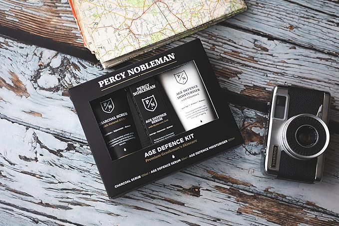 Percy Nobleman Age Defence Kit, a men's skincare set containing Charcoal Face Scrub (with Natural AHAs), ultra-hydrating Facial Serum (with Hyaluronic Acid), and Moisturiser (with Vitamin C)-Velvo Beauty