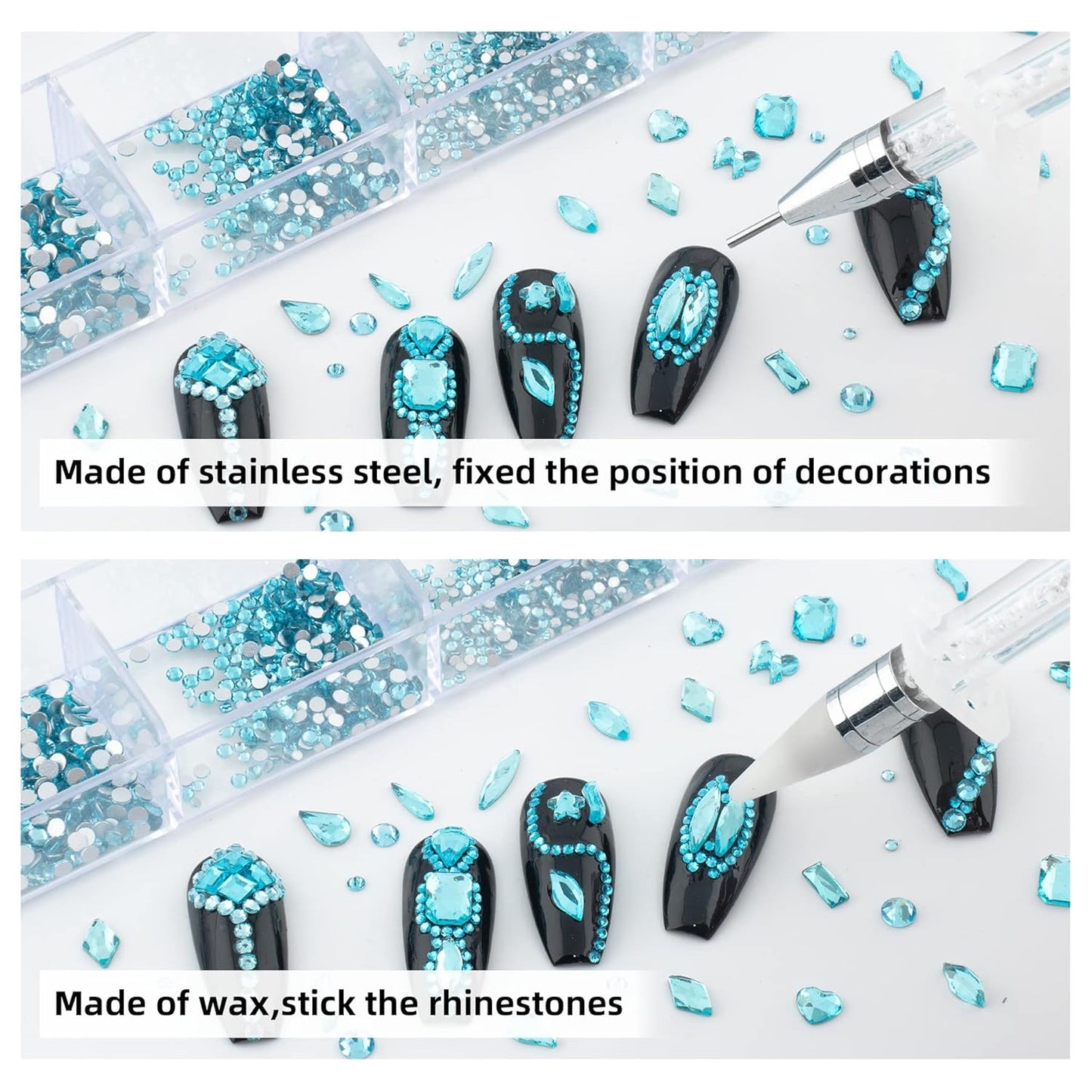 Nail Rhinestones Kit, Nail Art Decorations with Wax Pencil Flat AB Rhinestones Kit DIY Crafts Gemstones for Nail, Shoes, Clothes, Jewels (600 Aquamarine Diamonds + 2500 Flat Rhinestones)…-Velvo Beauty