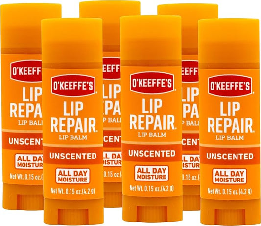 O'Keeffe's Unscented Lip Repair Lip Balm for Dry, Cracked Lips, Stick, (Pack of 6)-Velvo Beauty