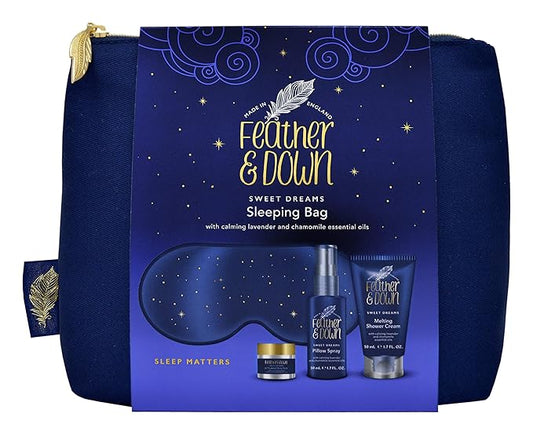 Feather & Down Sleeping Bag Gift Set: Luxury Eye Mask, Sleep Balm, Pillow Spray and Shower Cream, with Calming Lavender & Chamomile Essential Oils, Vegan & Cruelty Free-Velvo Beauty