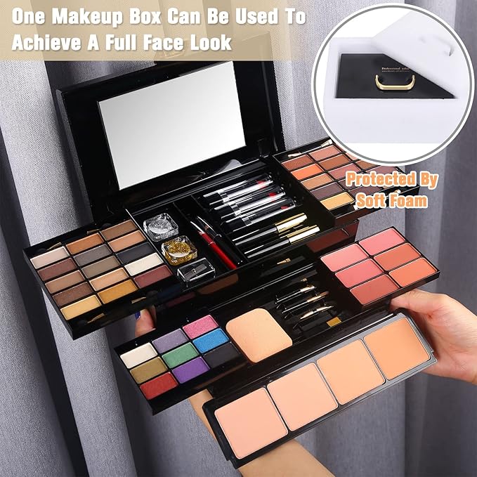 Professional Makeup Kit for Women Full Kit with Mirror 58 Colors All in One Make up Gift Set for Girls Included Eyeshadow,Compact Powder,Blusher,Lipstick,Eyebrow Pencil,Gitter Gel,Eyeliner,Mascara (N)-Velvo Beauty