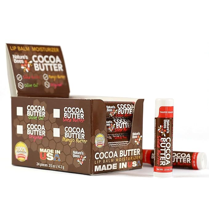 Nature's Bees - Cocoa Butter Lip Balm Moisturizer - Shea Butter Flavor 24 Pack - Hydrating Lip Balm - Made w/Coconut Oil, Beeswax, Vitamin E, Aloe - Made in USA - Beauty & Lip Care - 0.15oz (4.2g)-Velvo Beauty