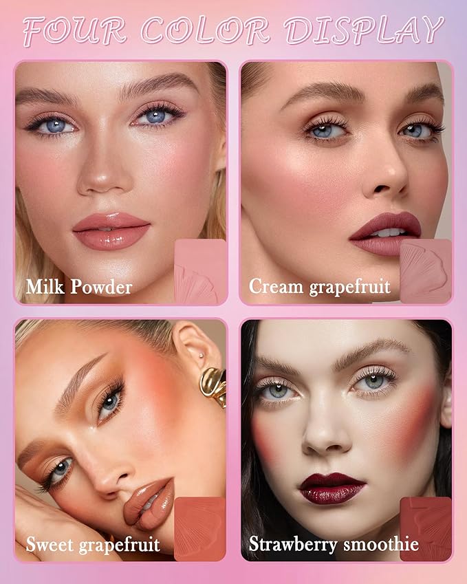 Matte Face Blush Palette Kit with Brush-4 Colors Pink Purple Orange Silky Mineral Blendable Blusher Contour Powder for Cheeks,Longlasting Professional Facial Beauty Makeup Gift for Women Girl-Set 01-Velvo Beauty