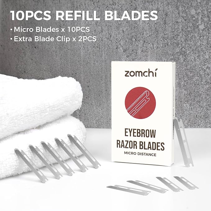 ZOMCHI Reusable Metal Dermaplane Tool Refills, Set of 10 Replacement Blades (Micro Distance), Dermaplaning Razor Refills, Plastic Free Eyebrow Razor Blades-Velvo Beauty